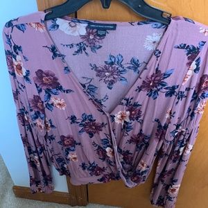 American Eagle Long-Sleeve Floral Wrap Blouse